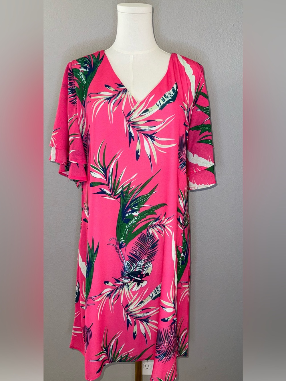 Women's Pink Tropical V-Neck Swim Cover-Up Dress